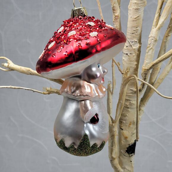 Vtg Mushroom Ornament 5" Red Cap Hand Painted Glittered Mercury Glass Christmas - Picture 8 of 11